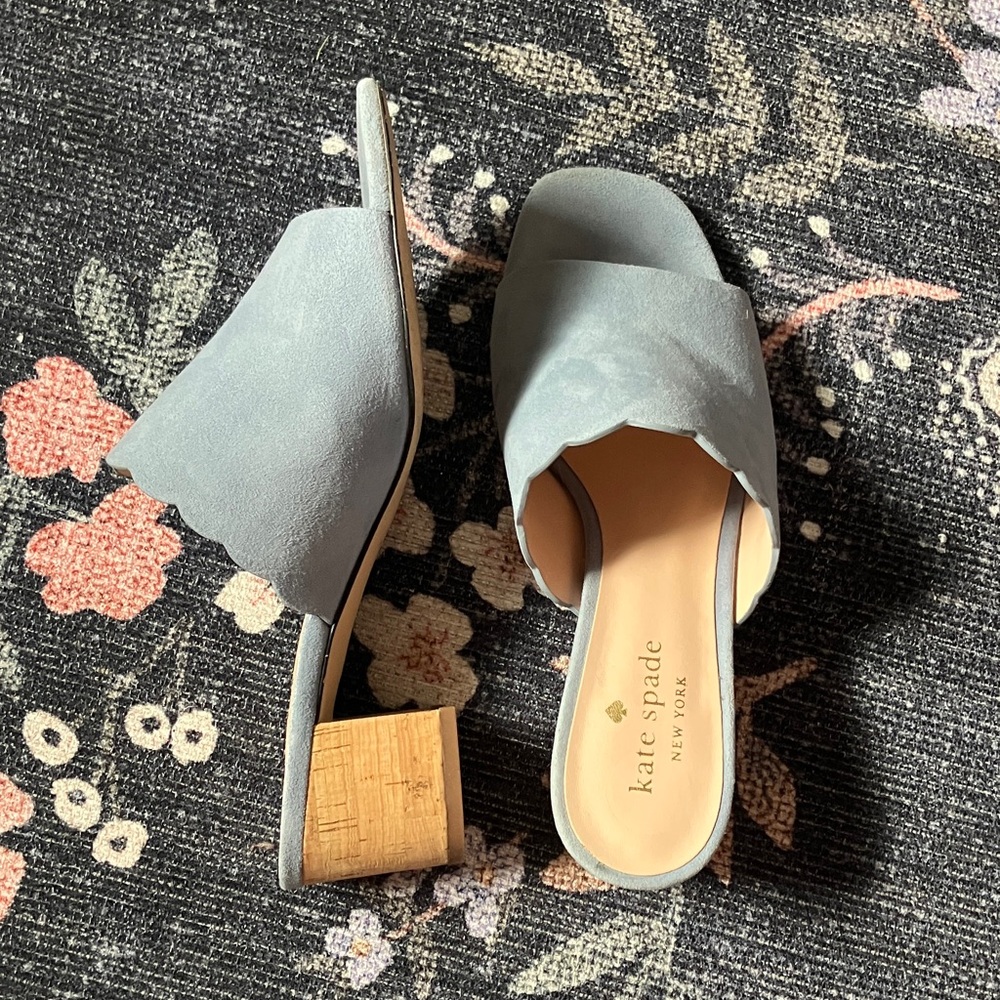 Kate spade Blythe light blue suede slides cork chunky heels 7.5